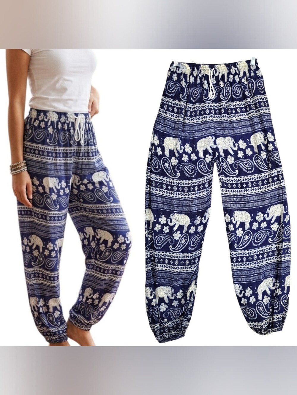 Boho Paisley Elephant Print Harem Pants Navy Blue Elastic Waist Smocked Size S/M